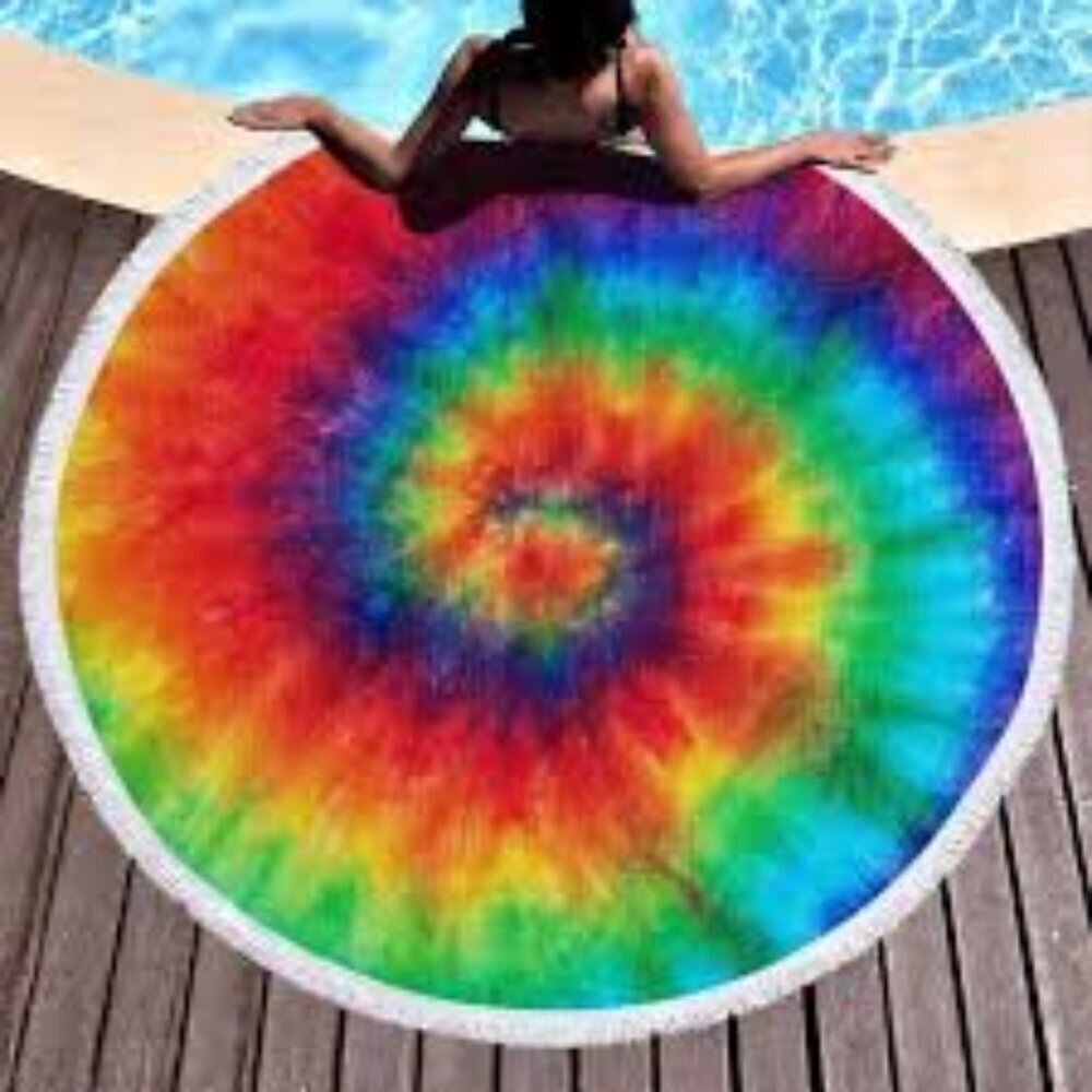 Round Beach Pool Towel Tie Dye With Fringe 59 In